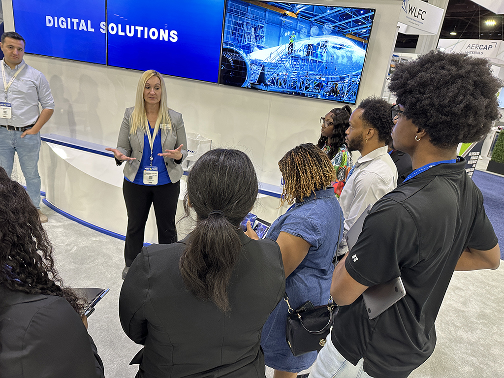 Boeing Chief Mechanic Jennifer Radtke talks to students