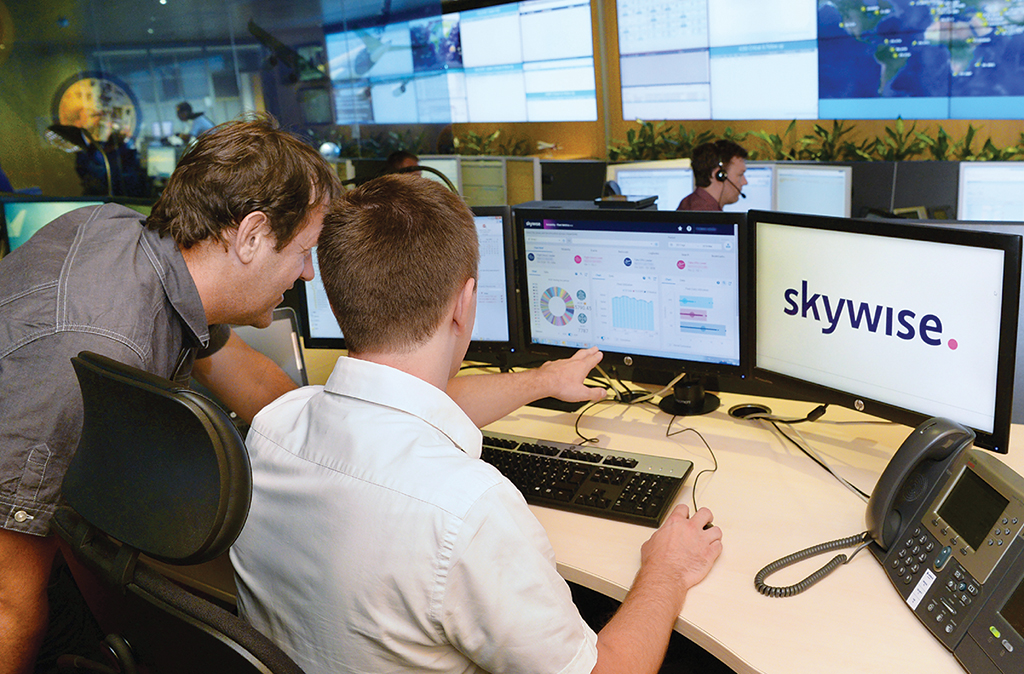 Two employees looking over three-monitor Skywise maintenance system