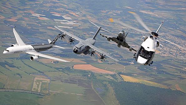 Airbus A350 A400M H160 and Eurofighter in flight