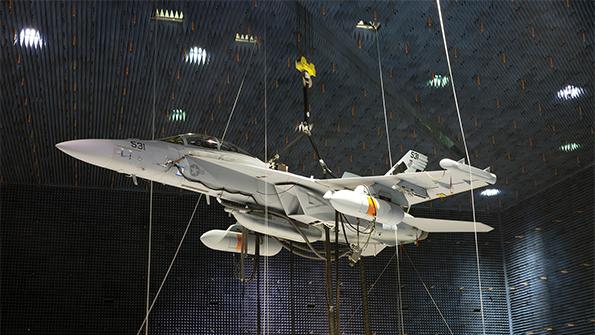 An EA-18G inside an anechoic chamber 