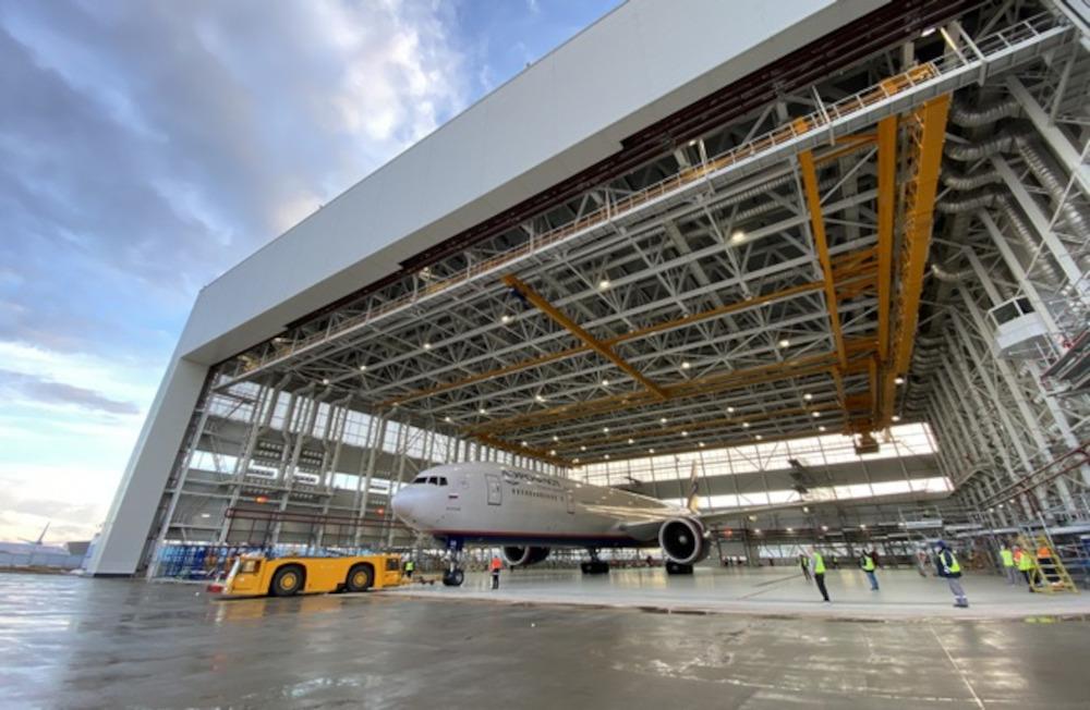 Aeroflot Moscow hangar with Boeing 777 aircraft.