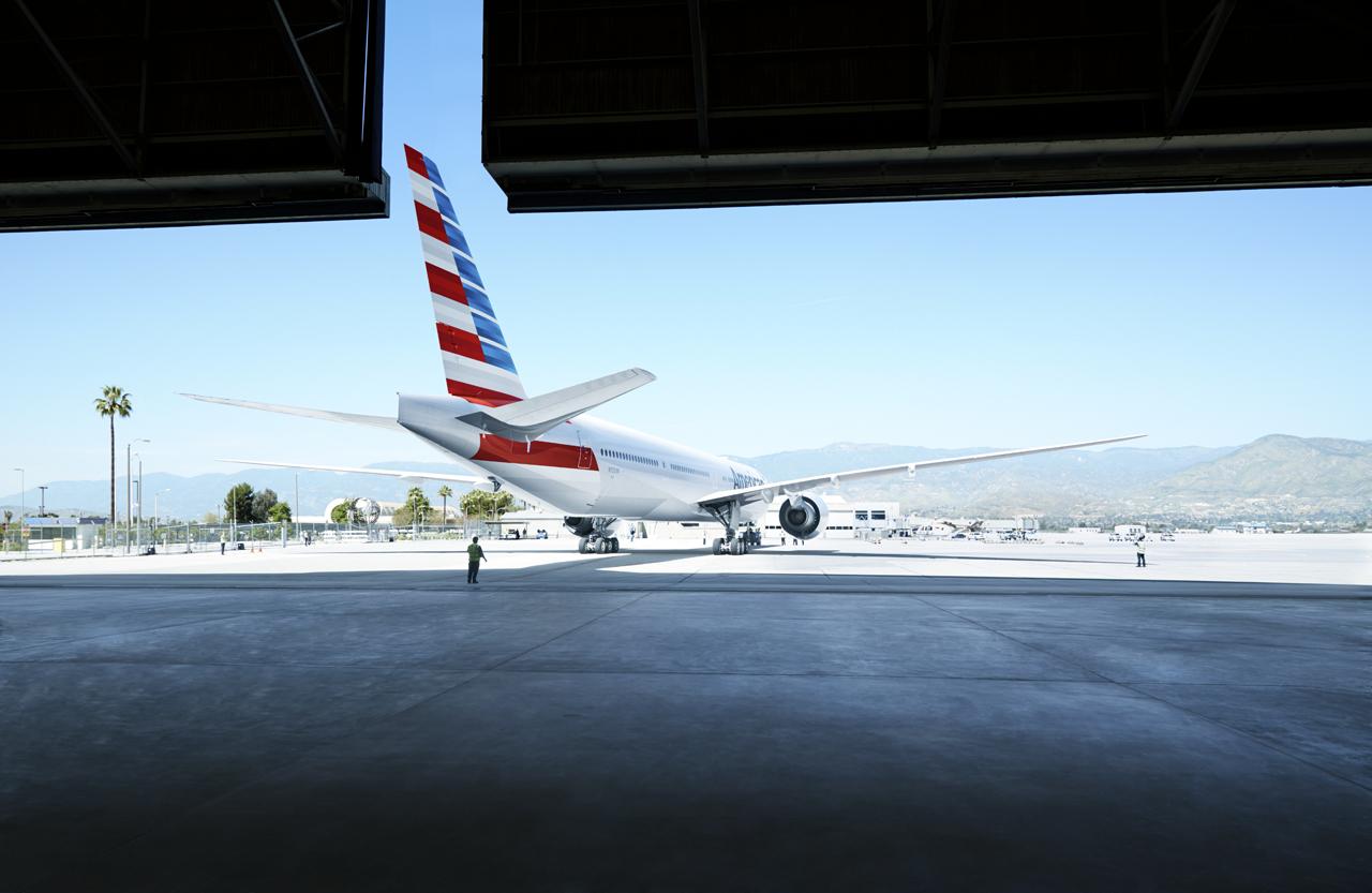 American Airlines Boeing 777 outside hangar