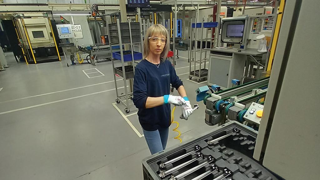 Elodie Donne, an operator on Mecachrome’s Leap engine turbine blade production line in Sable-sur-Sarthe