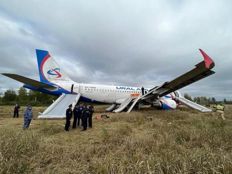 Ural airlines landing in wheat field