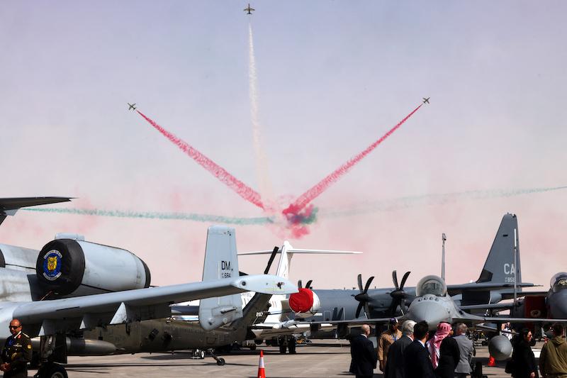 The Saudi Falcons aerobatic flight team performing at the World Defense Show 2024 north of Riyadh on Feb. 4, 2024.