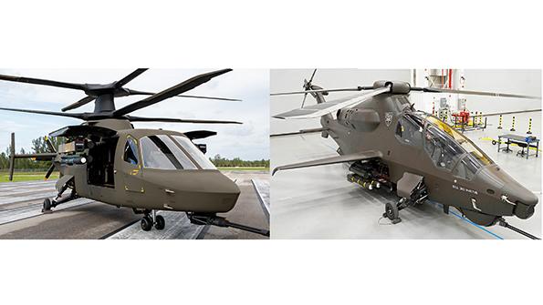 views of the Sikorsky Raider X (left) and Bell 360 Invictus FARA helicopters