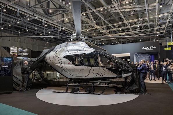 The full-scale mockup of Leonardo’s AW09 Agusta single-engine helicopter at EBACE