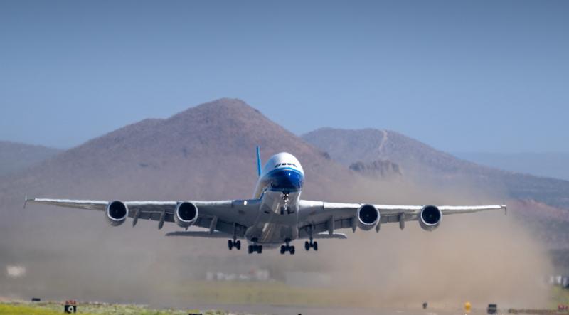 global airlines a380 taking off Mojave desert