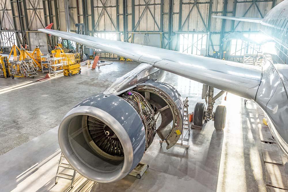 Aircraft engine open in hangar