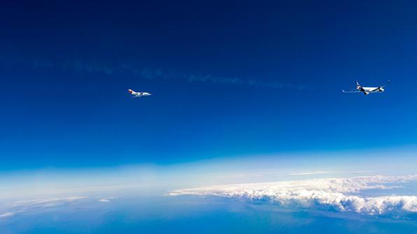 DLR Dassault Falcon 20E (left) flying near Airbus A350 (right)