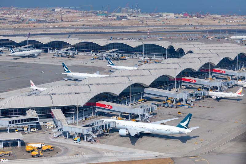 HKIA aerial view with cathay jets on tarmac