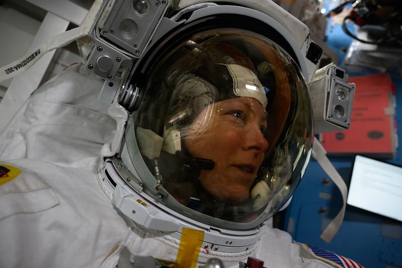 NASA astronaut and Expedition 71 Flight Engineer Tracy C. Dyson is pictured in her spacesuit prior to the start of a science and maintenance spacewalk that ended early after her suit experienced a water leak in the service and cooling umbilical unit.