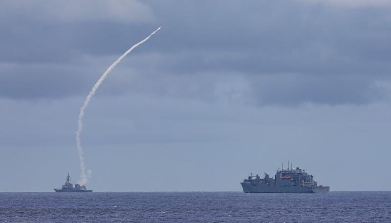 PHILIPPINE SEA (Aug. 28, 2024) – The Japan Maritime Self-Defense Force Murasame-class destroyer JS Ariake (DD 109) launches an Evolved Sea Sparrow Missile while steaming with the U.S. Navy Military Sealift Command Lewis and Clark-class dry cargo ship USNS Richard E. Byrd (T-AKE 4) in the Philippine Sea during exercise Pacific Vanguard