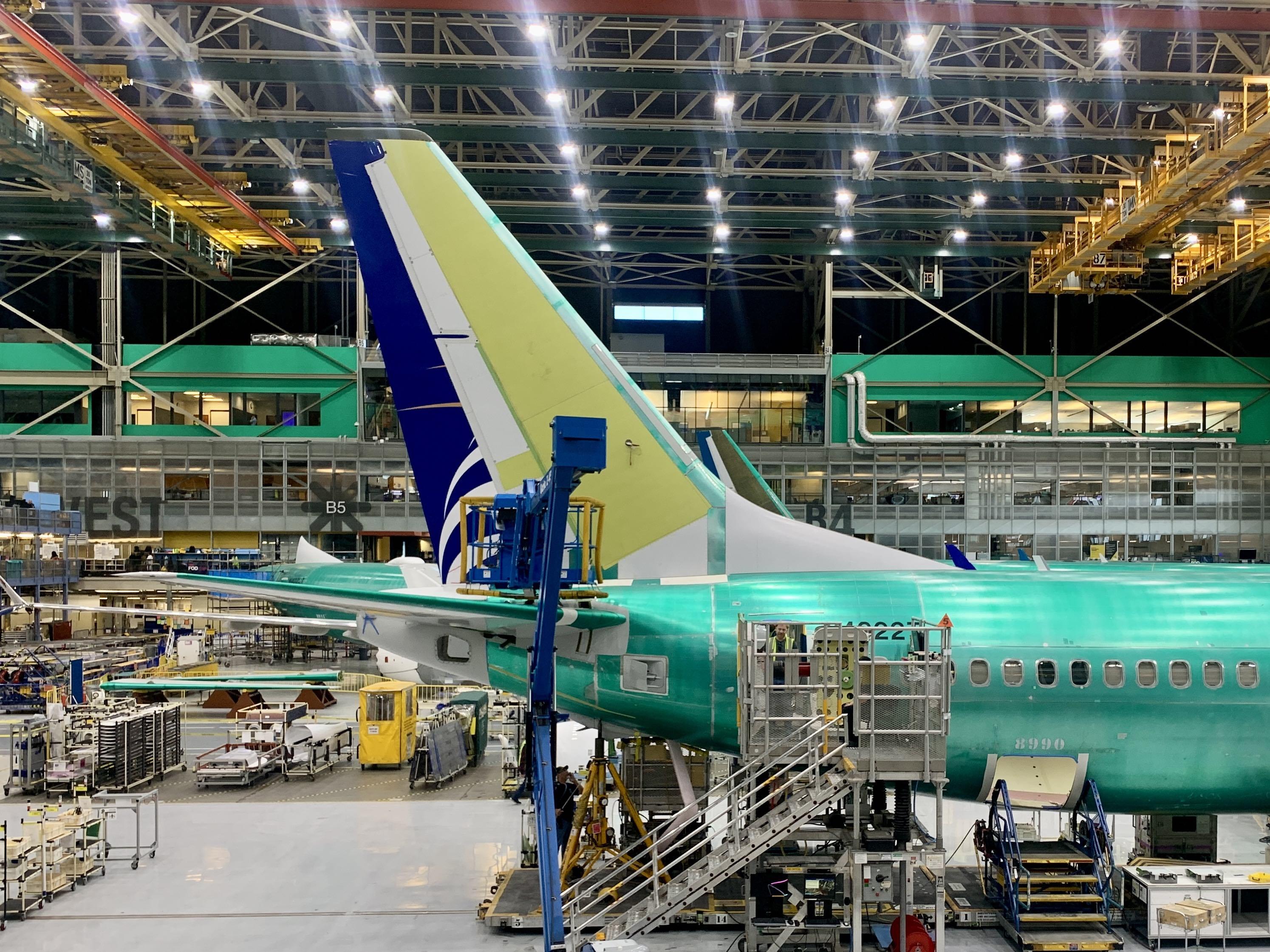 737 MAX tail on production line in Renton, Washington