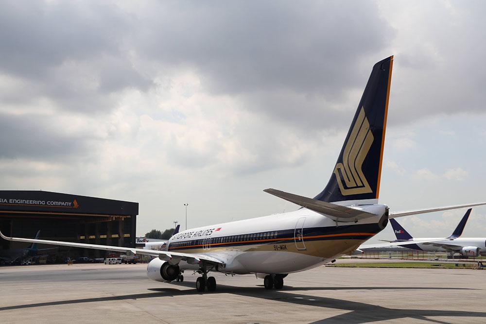 Singapore Airlines aircraft outside hangar