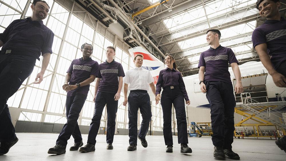 British Airways engineering cadets in hangar