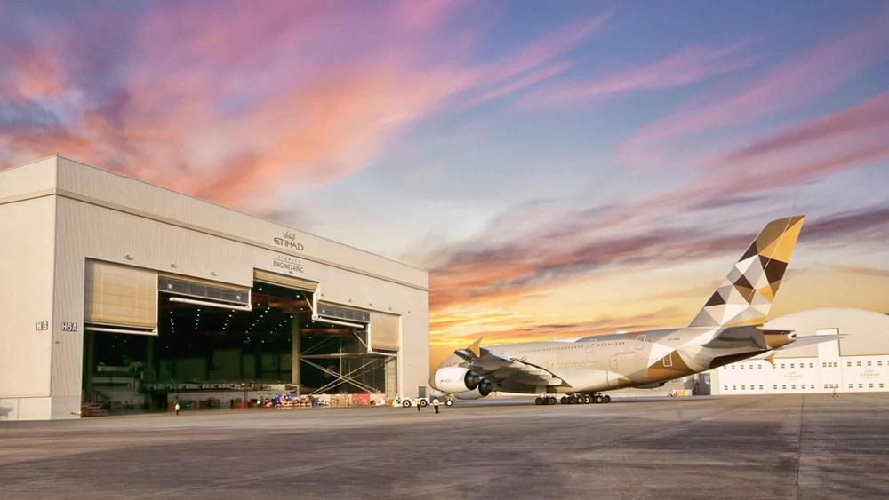 Etihad Airways Airbus A380 outside hangar