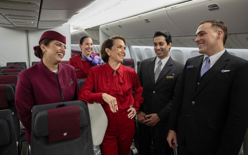 Jayne Hrdlicka, CEO of Virgin Australia, joins crew from both Virgin Australia and Qatar Airways onboard a Qatar Airways Boeing 777 at Brisbane Airport on December 04, 2024 in Brisbane, Australia. 