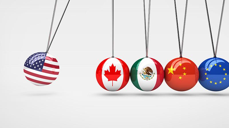 us canadian mexican chinese and eu flags as newton's cradle