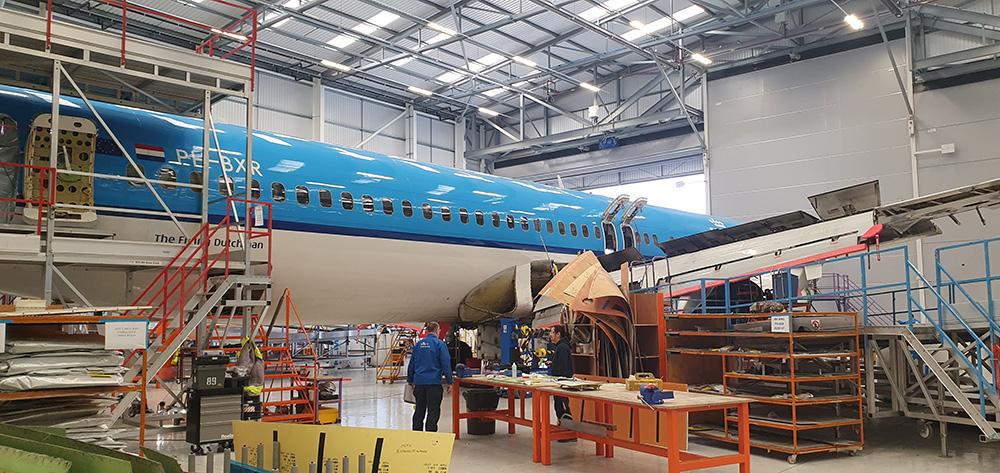 KLM aircraft in KLM UK Engineering's Norwich hangar