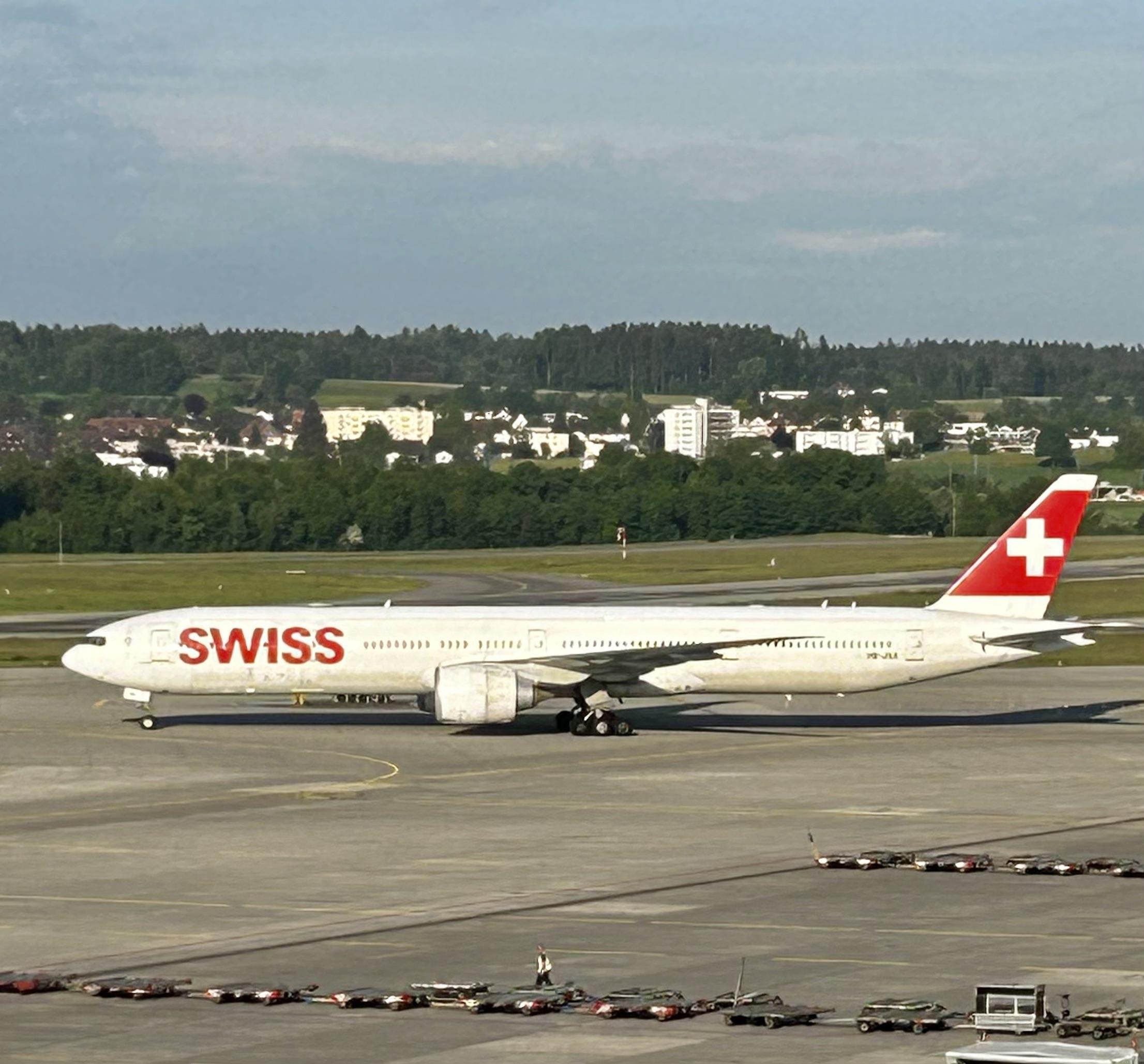 A Swiss Boeing 777-300ER on taxi in Zurich for another transatlantic flight.