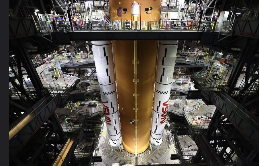 Frank Michaux/NASA Caption: Preparations for the second flight of NASA's Space Launch System rocket are underway at the Kennedy Space Center.