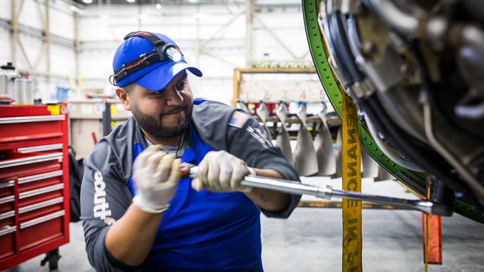 Southwest technician working on a Boeing 737